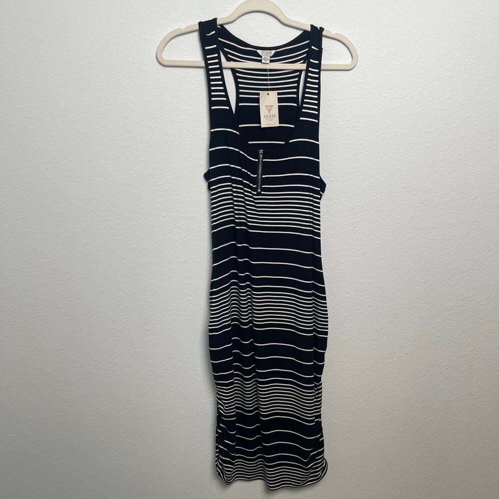 Striped Bodycon Midi Dress XL Black White Zip Front Racerback Stretch NWT